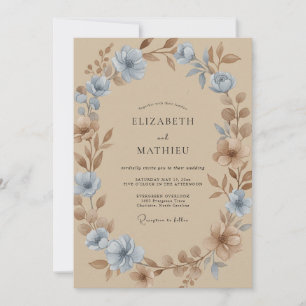 Light Blue Tan Watercolor Floral Wedding Invitation
