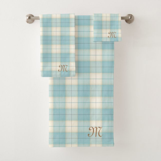 Light Blue Tartan Personalised Monogrammed Bath Towel Set (Insitu)