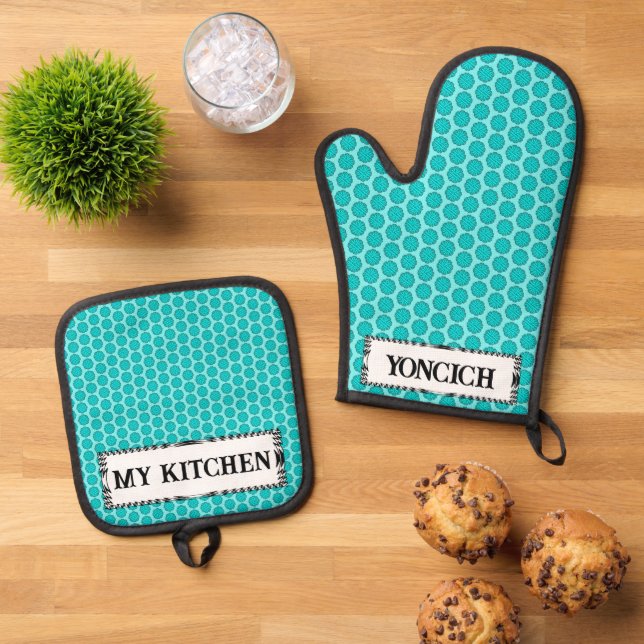 Light Blue/Teal Flower Ribbon by Kenneth Yoncich Oven Mitt & Pot Holder Set (Top Down)