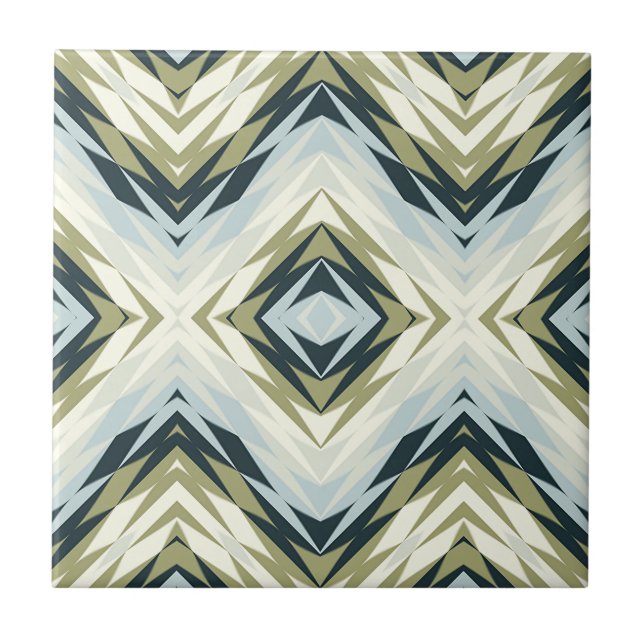 Light Blue Teal Olive Green White Ethnic Tribe Art Ceramic Tile (Front)