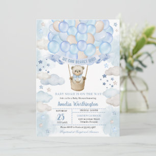 Light Blue Teddy Bear Hot Air Balloon Baby Shower Invitation