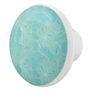 Light blue tropical palm leaves luxury pattern ceramic knob