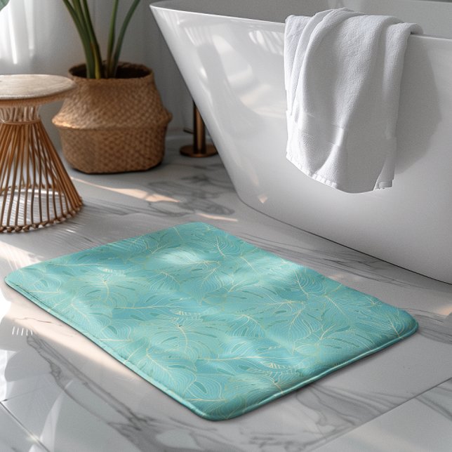 Light blue tropical palm leaves pattern bath mat (Creator Uploaded)