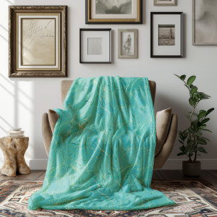 Light blue tropical palm leaves pattern fleece blanket
