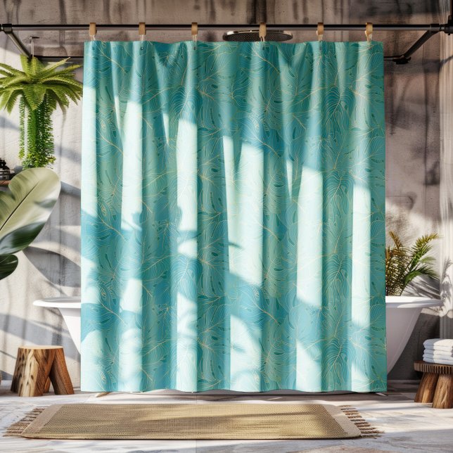 Light blue tropical palm leaves pattern shower curtain (Creator Uploaded)