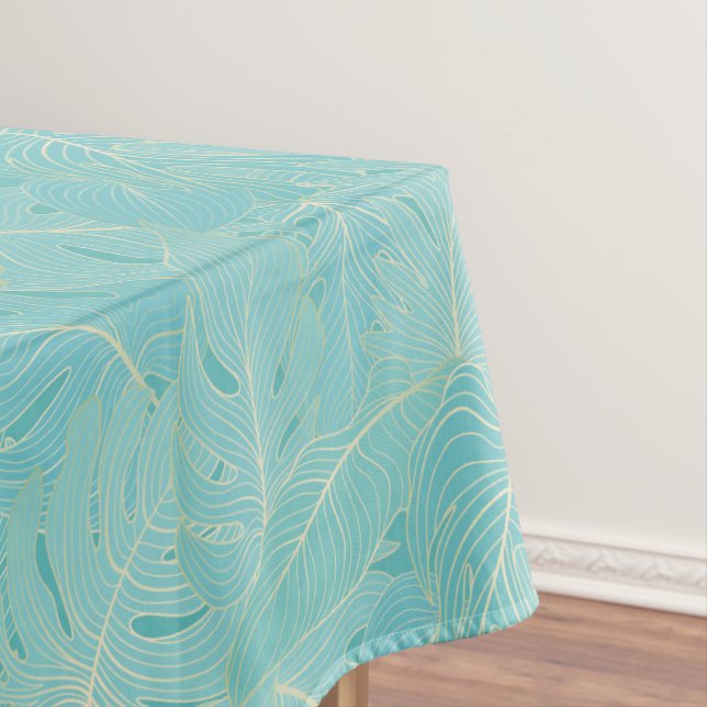 Light blue tropical palm leaves pattern tablecloth (In Situ)