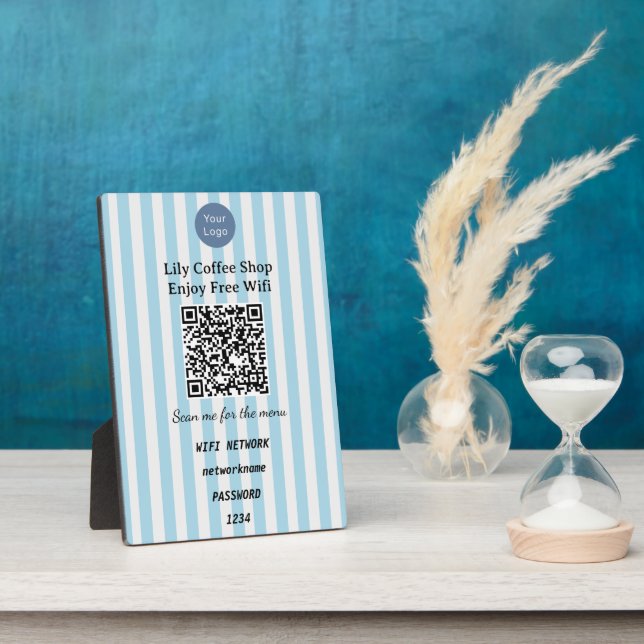Light Blue Vertical Stripes QR Code Wifi Pedestal  Plaque (Side)