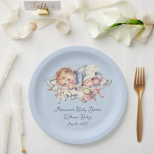 Light Blue Vintage Baby Boy Baby Shower Paper Plate