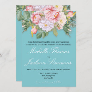 Light Blue Vintage Pink Roses Romantic Wedding Invitation