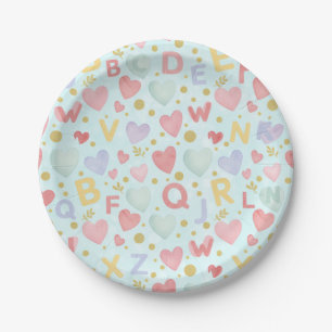 Light Blue Watercolor ABCs & Hearts Theme Paper Plate
