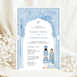 Light Blue Watercolor Arch Frame Sikh Wedding Invitation