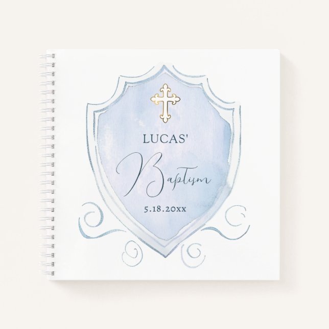 Light Blue Watercolor Crest Baptism Guest Book (Front)