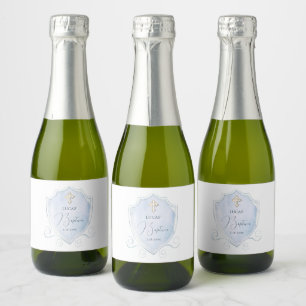 Light Blue Watercolor Crest Baptism Sparkling Wine Label
