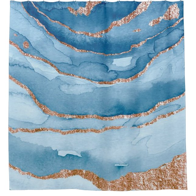 Light Blue Watercolor Design Home Glitter Marble Shower Curtain (Front)