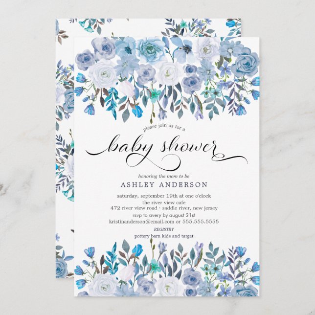 Light Blue Watercolor Floral Baby Shower Invitation (Front/Back)