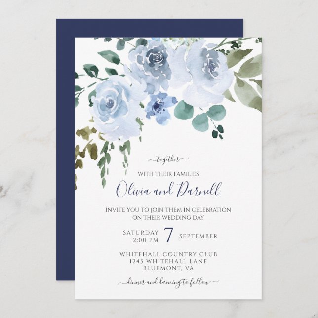 Light Blue Watercolor Floral Wedding | Navy Invitation (Front/Back)