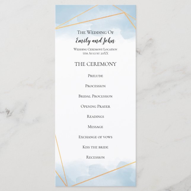 Light Blue Watercolor Gold Geometric Line Wedding Program (Front)