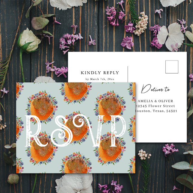 Light Blue Watercolor Wildflower Wedding RSVP Postcard (Front/Back)