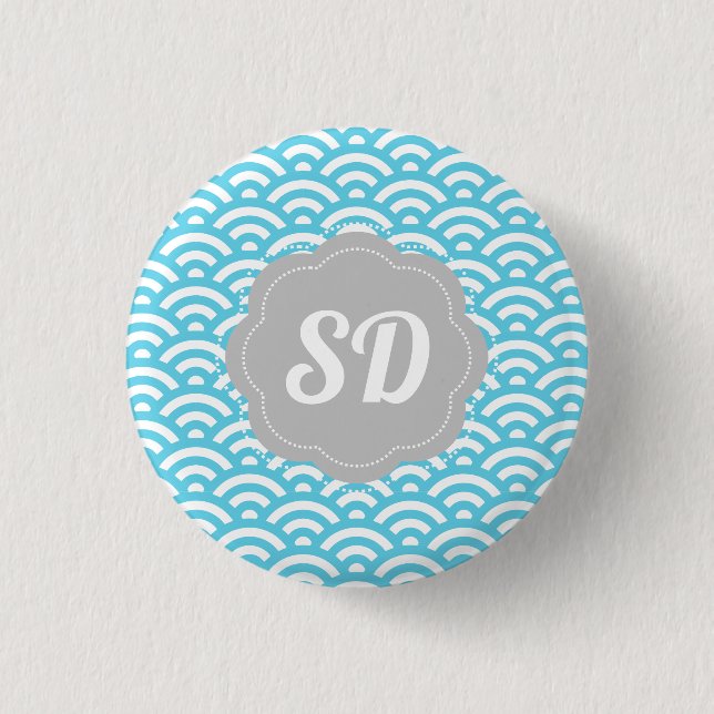 Light Blue Wave Custom Monogram 3 Cm Round Badge (Front)