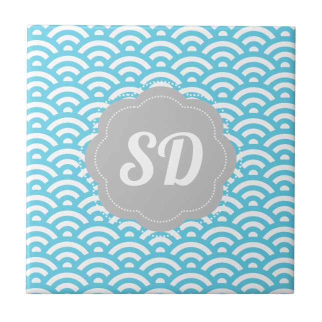 Light Blue Wave Custom Monogram Ceramic Tile (Front)
