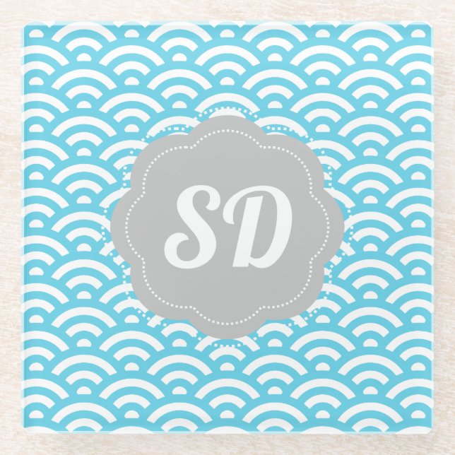 Light Blue Wave Custom Monogram Glass Coaster (Front)