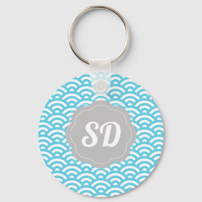 Light Blue Wave Custom Monogram Key Ring (Front)