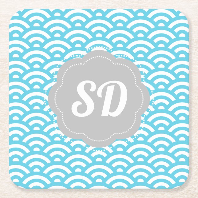 Light Blue Wave Custom Monogram Square Paper Coaster (Front)