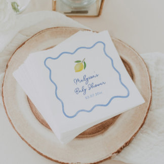 Light Blue Wavy Border Lemons Sweet Baby Shower Napkin