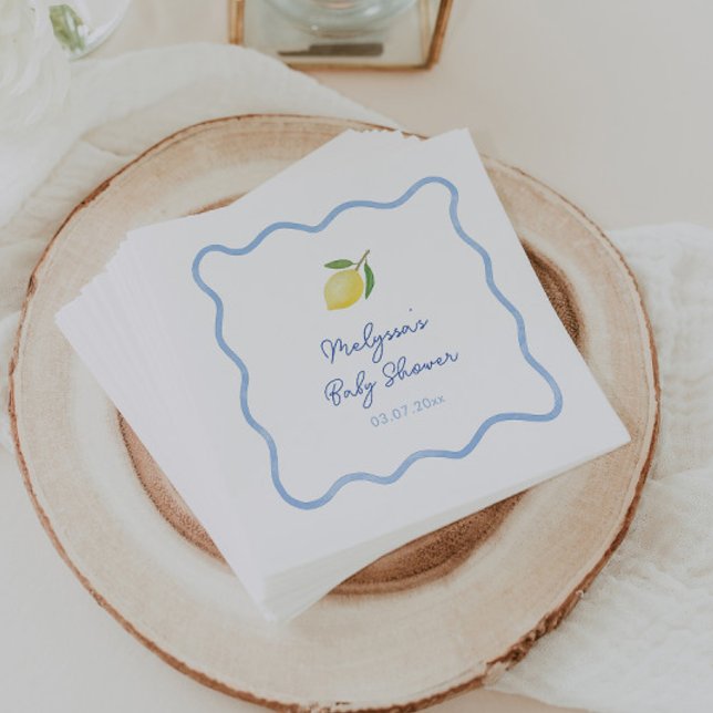 Light Blue Wavy Border Lemons Sweet Baby Shower Napkin (Squiggle border Mediterranean boy baby shower napkin design with watercolor lemon)