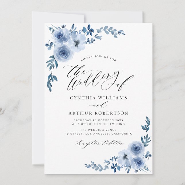 light blue wayercolor floral wedding invitation (Front)