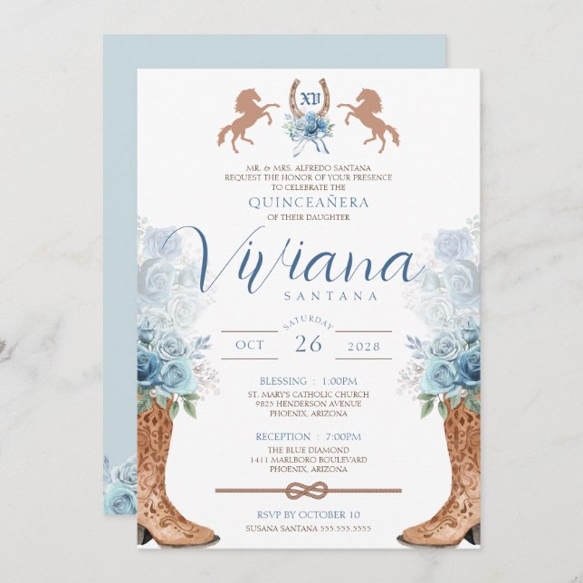 Light Blue Western Charra Quinceanera  Invitation (Front/Back)