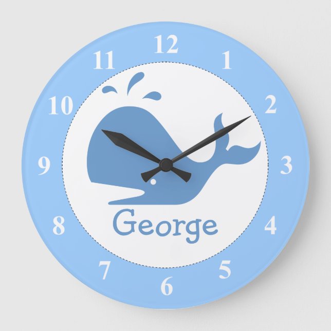 Light blue whale clock with custom baby name (Front)