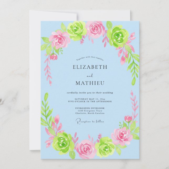 Light Blue Whimsical Bloom Wedding Invitation (Front)