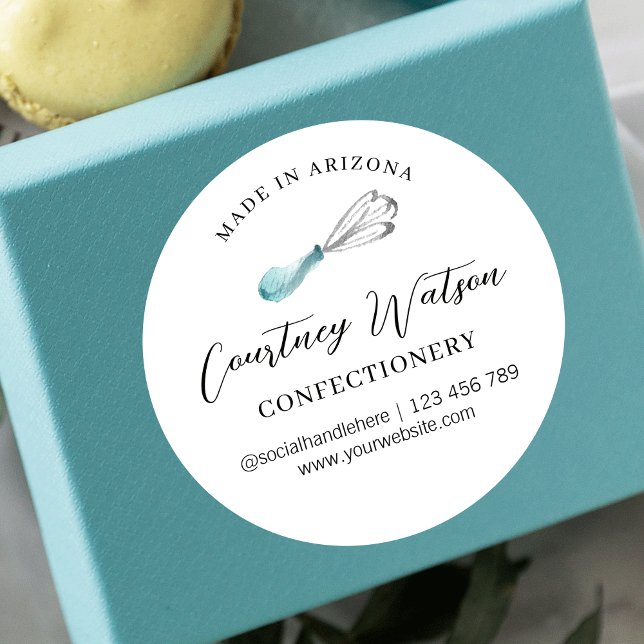 Light Blue Whisk Modern Baked With Love Catering Classic Round Sticker (Light blue watercolor dessert labels, great to finish off your bakery packaging design)