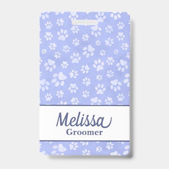 Light Blue & White Animal Paw Print Monogram ID Badge (Front)
