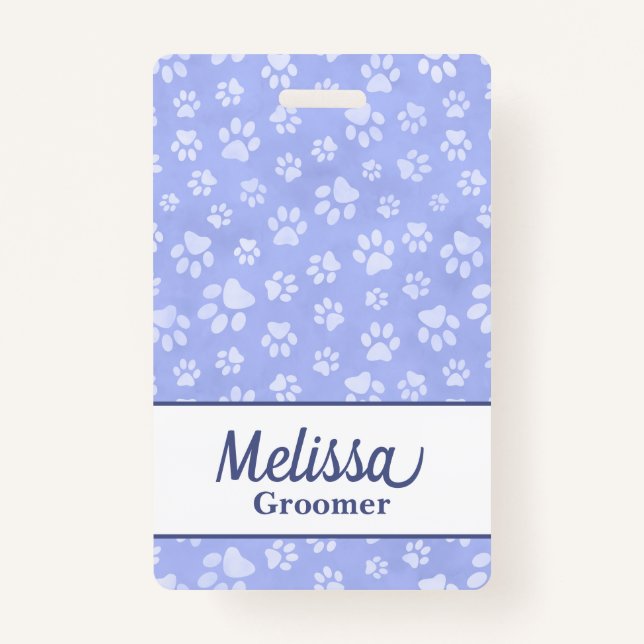 Light Blue & White Animal Paw Print Monogram ID Badge (Front)