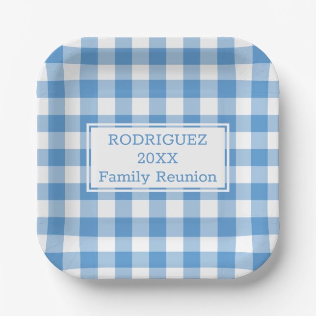 Light Blue White Buffalo Check Family Reunion Paper Plate (Front)