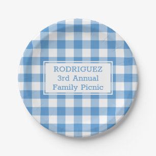 Light Blue White Buffalo Check Name Family Picnic Paper Plate