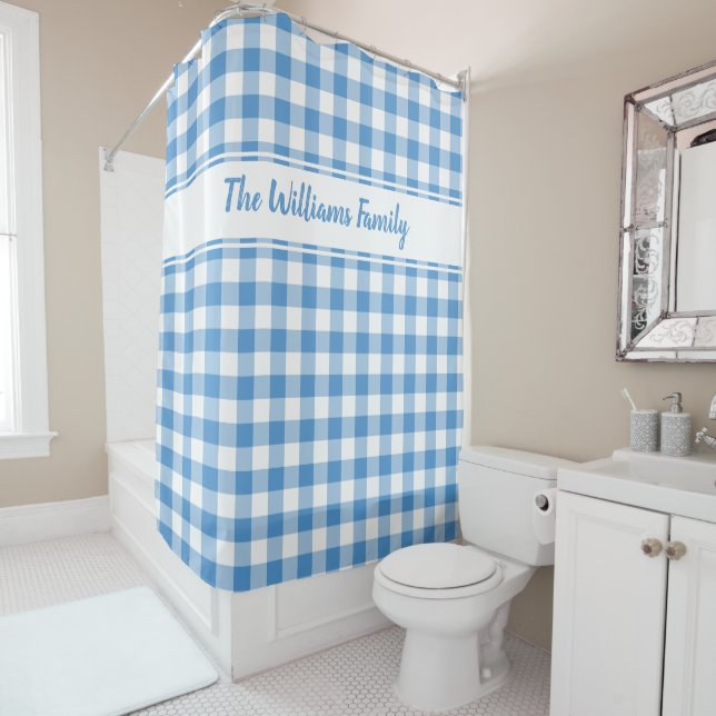 Light Blue White Buffalo Plaid Pattern Custom Name Shower Curtain (In Situ)
