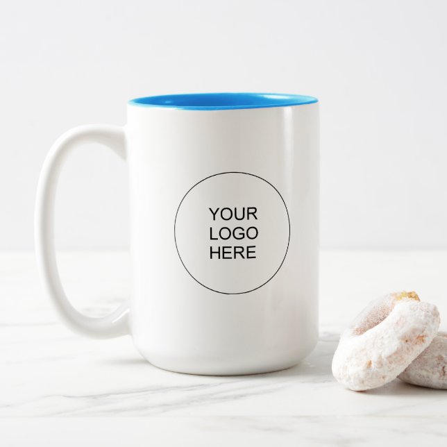 Light Blue White Business Logo Simple Promotional Two-Tone Coffee Mug (With Donut)