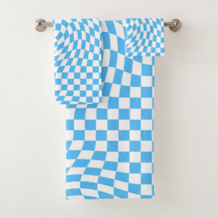 Light Blue & White Checkered Checkerboard Pattern  Bath Towel Set