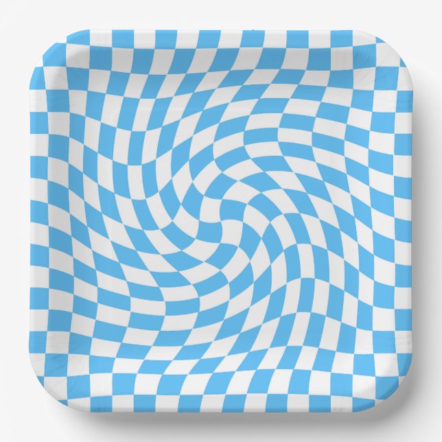 Light Blue & White Chequered Chequerboard Pattern  Paper Plate (Front)
