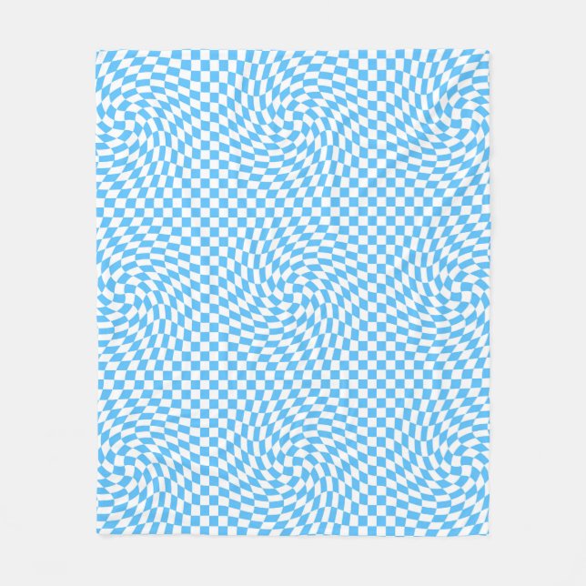 Light Blue & White Chic Warped Chequered Pattern  Fleece Blanket (Front)