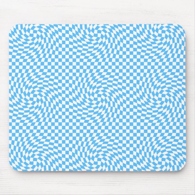 Light Blue & White Chic Warped Chequered Pattern  Mouse Pad (Front)