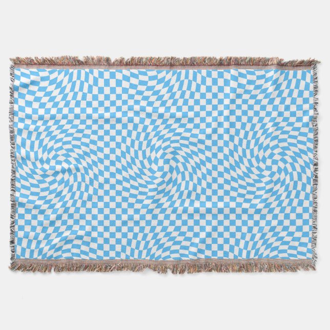 Light Blue & White Chic Warped Chequered Pattern  Throw Blanket (Front)