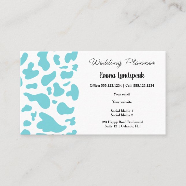 Light Blue & White Cow Print, QR Code Business Card (Front)