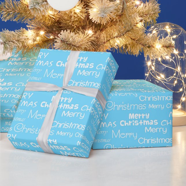 Light Blue & White Festive Merry Christmas Wrapping Paper (Holidays)