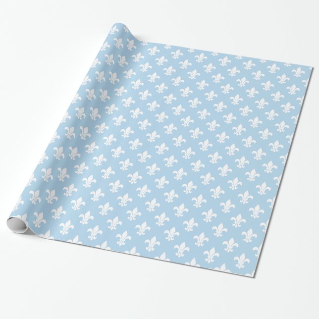 Light Blue White Fleur de Lis Pattern Wrapping Paper (Unrolled)