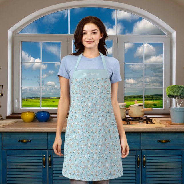 Light blue white floral pattern name apron (Creator Uploaded)