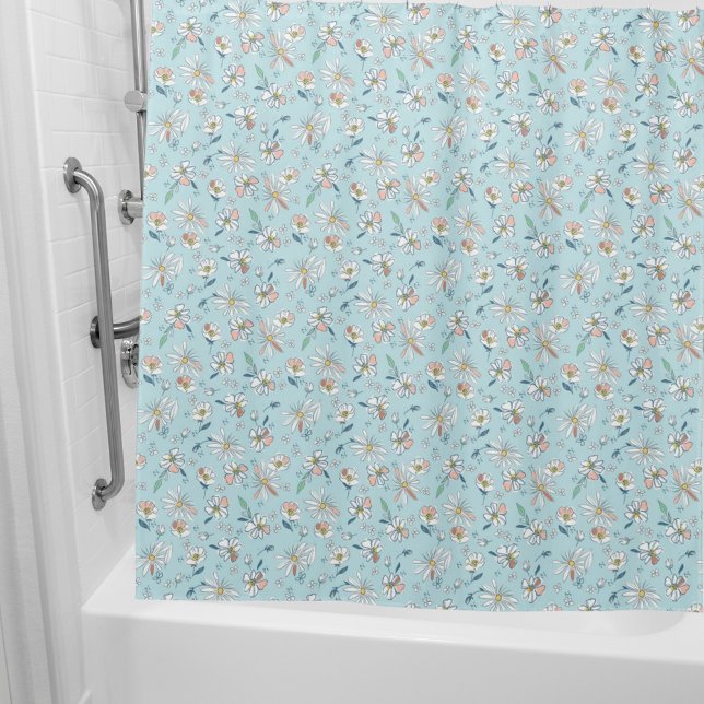 Light blue white floral pattern retro shower curtain (Creator Uploaded)